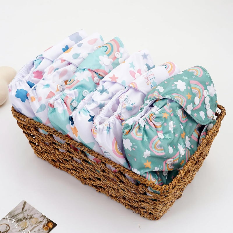 CoolaPeach 12 Set Reusable Adjustable Cloth Diapers for Newborn to 0-3 Years,One Size Washable Pocket Nappy Covers for Baby Girl and Boy,6 Pack Cloth Diapers+6pcs Microfiber Inserts(Green 2) - Image 4